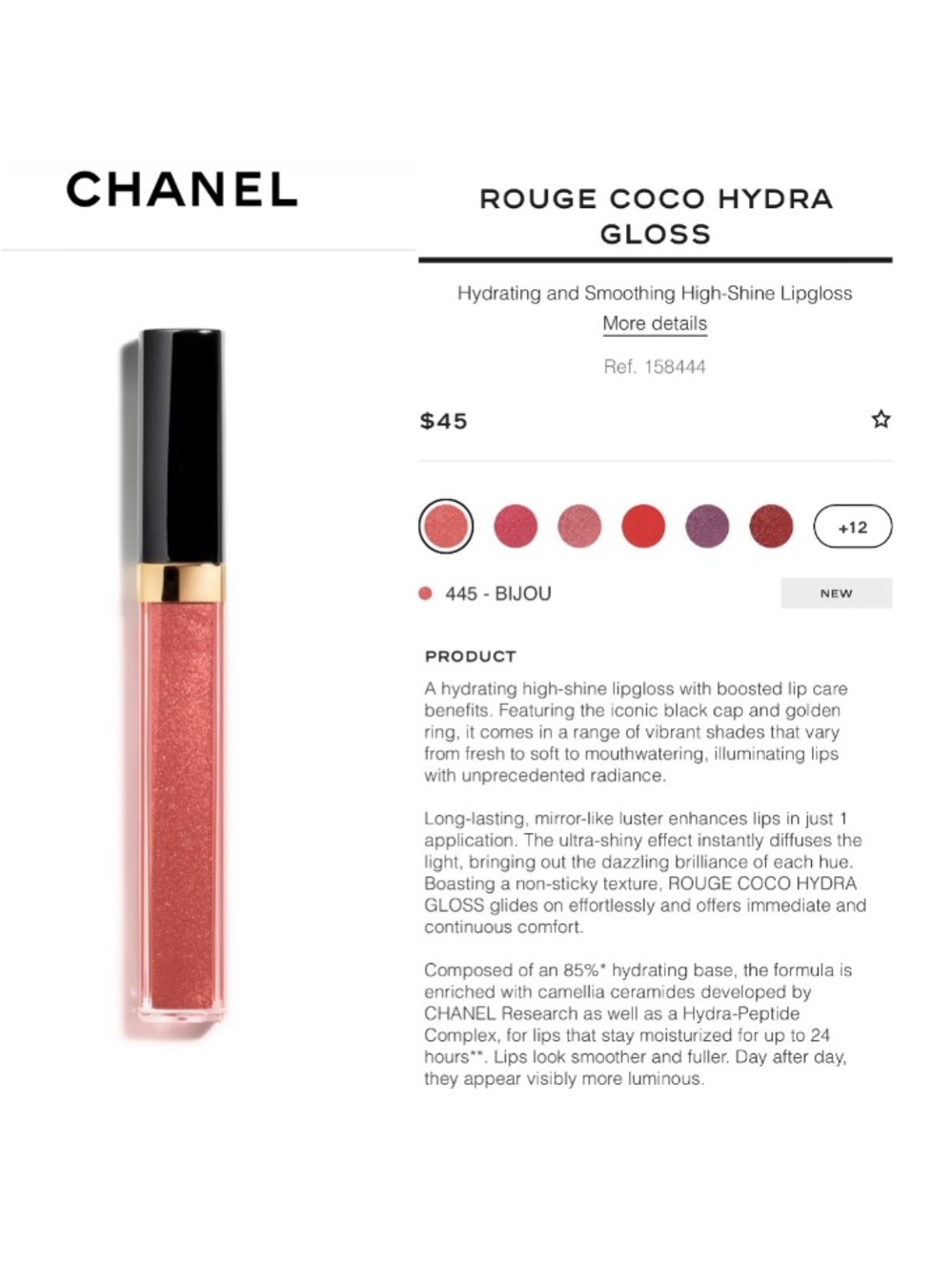 CHANEL 💯 Rouge Coco Hydra Gloss Lip Gloss Bijou 445 Shimmery Rosewood Brown Pink